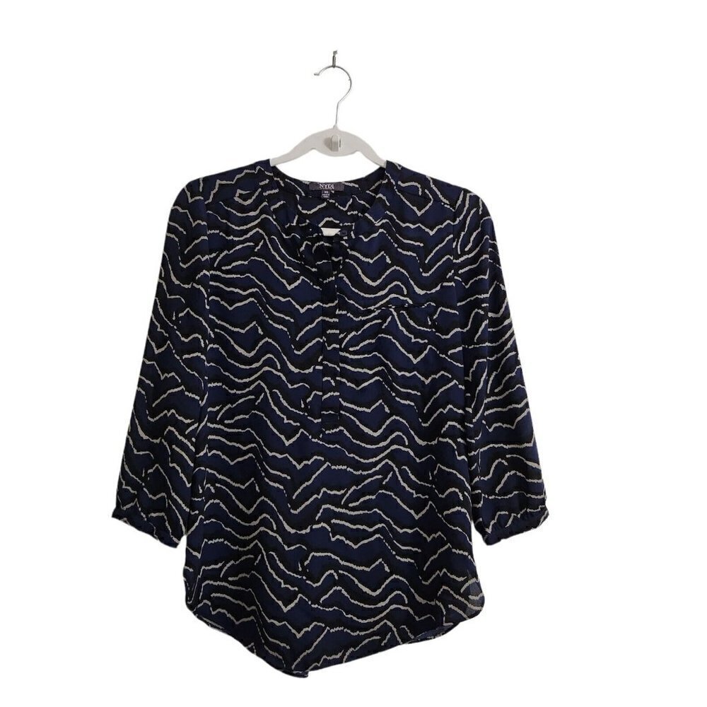 NYDJ Blouse XS Blue Printed Henley Pleated Back 3/4 Sleeve Top Casual